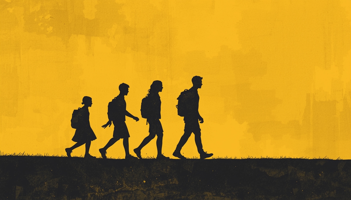 Silhouettes of people walking at different life stages representing the evolution of friendships and emotional growth over time