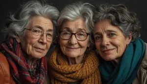 Portrait of three older women with calm expressions symbolizing emotional wisdom, maturity, and emotional regulation in later life
