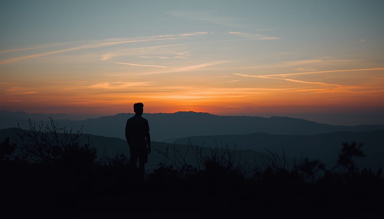 Person standing quietly at sunrise overlooking mountains symbolizing reflection, grounding rituals, and reconnecting with oneself