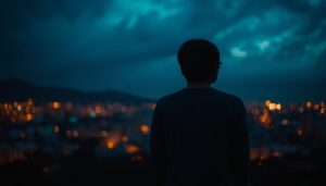 Person standing alone overlooking a city at night symbolizing emotional growth, self-reflection, and solitude in adulthood