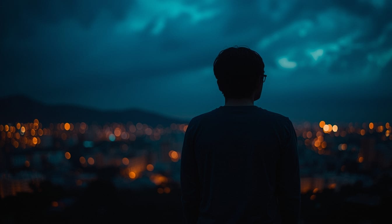 Person standing alone overlooking a city at night symbolizing emotional growth, self-reflection, and solitude in adulthood