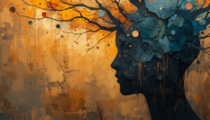 Artistic illustration of a human profile with a tree growing from the mind representing emotional maturity and inner psychological growth