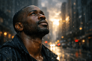 Close-up of a Black man in the rain at dawn looking upward between skyscrapers with an expression of strength and reflection.
