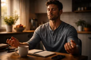 Man sitting at a table meditating with coffee and a notebook, representing daily habits that build emotional strength.