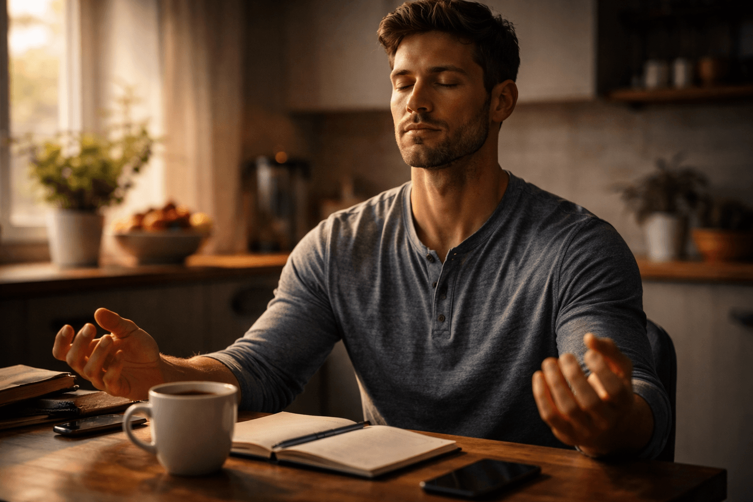 Man sitting at a table meditating with coffee and a notebook, representing daily habits that build emotional strength.