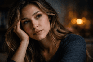 Close-up of a thoughtful woman with a reflective expression, representing emotional awareness and decision making.