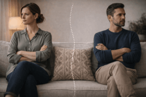 Two people sitting apart on a sofa, symbolizing emotional boundaries, personal space, and the structure of a healthy relationship
