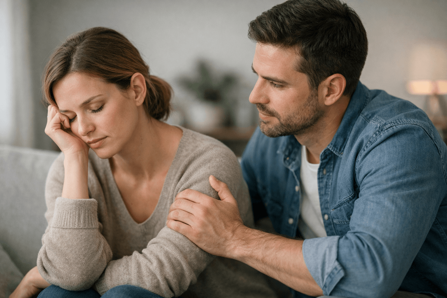 A couple sitting together on a sofa during an emotional moment, illustrating emotional regulation and support in a relationship