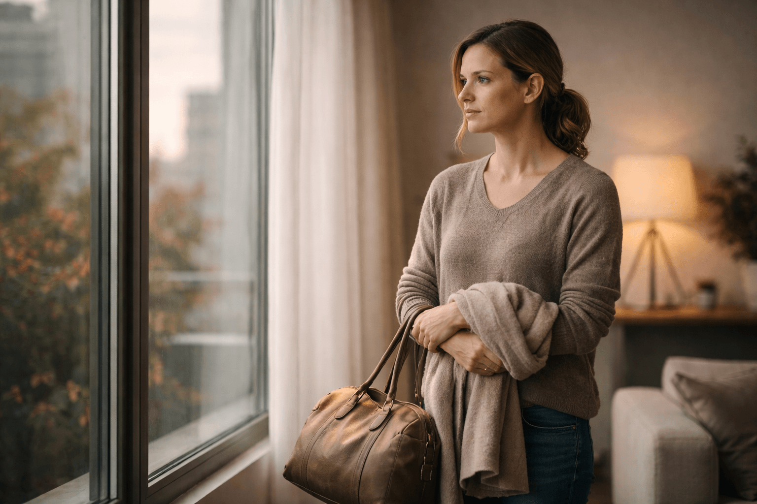 A reflective person in a quiet modern setting, representing life transitions, inner change, and personal growth