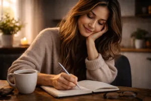 Woman writing in a journal with coffee at a wooden table, symbolizing self-compassion and better habit building.