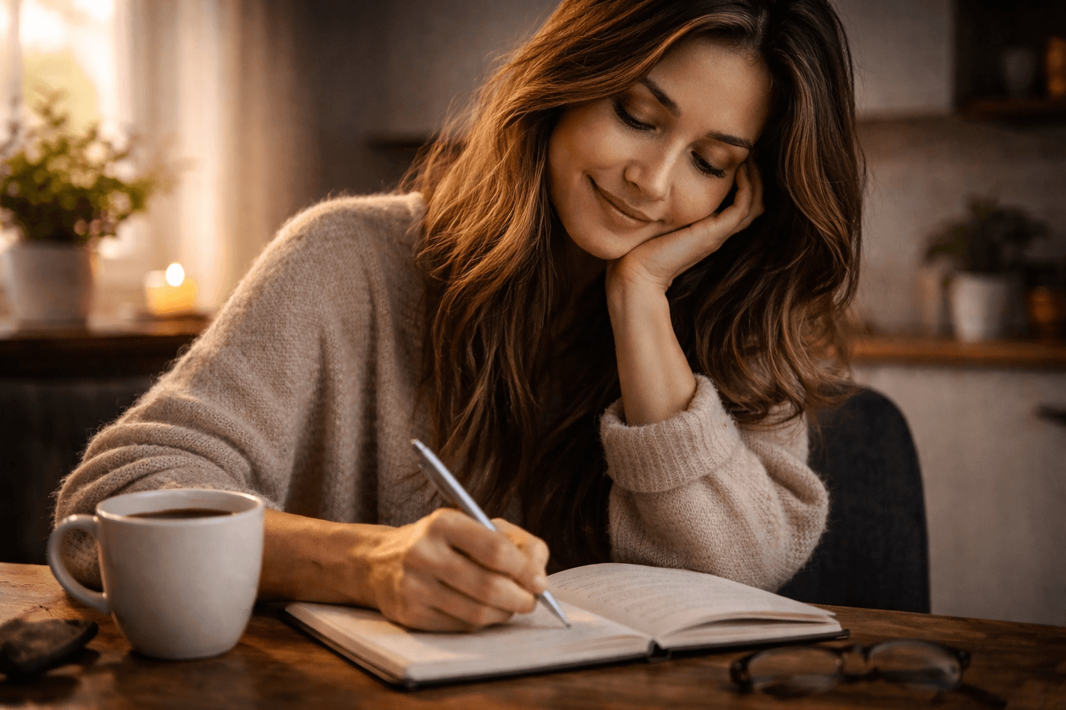 Woman writing in a journal with coffee at a wooden table, symbolizing self-compassion and better habit building.