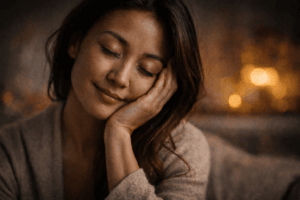 Close-up portrait of a calm woman with eyes closed and a gentle expression, symbolizing self-compassion and emotional strength.