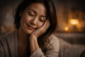 Close-up portrait of a calm woman with eyes closed and a gentle expression, symbolizing self-compassion and emotional strength.