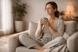 A woman sitting calmly in a cozy armchair holding a warm cup, representing inner stillness, presence, and emotional calm in everyday life